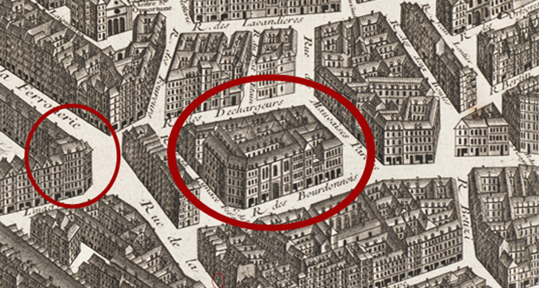 VB and Les Halles on a Turgot map 1730 VB and les Halles on the Turgot map